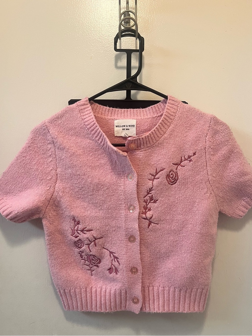 Willow & Wind Pink Embroidered Short Sleeve Crop Cardigan